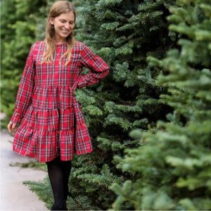 Red Plaid Dress Stewart Tartan S NEW Tiered Party Long Sleeve Holiday Crew